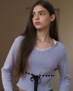Velvet Stitch Ribbon V-neck Sweater ( Lavender )